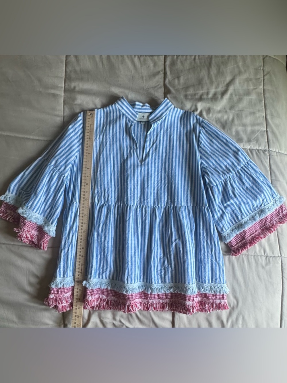 Tuckernuck Blue and White Striped Peplum Top with Red Fringe